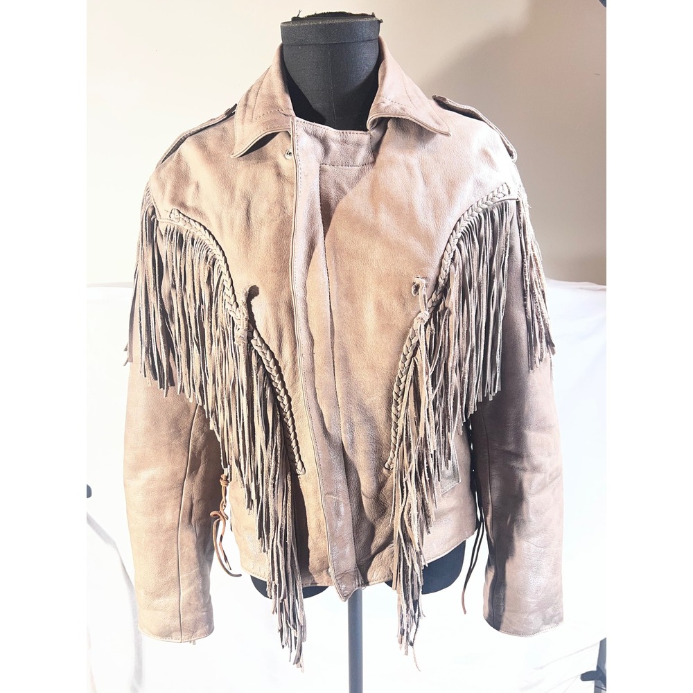 Vintage Brown Leather Fringe Western Biker Bomber Jacket Braided Trim Boho XL